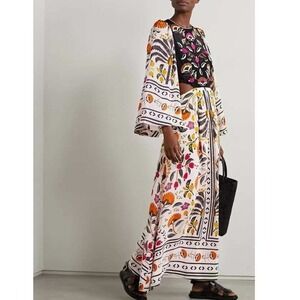 Farm Rio Cutout Embroidered Print Crepe Maxi Dress Black Cream Floral Beaded S